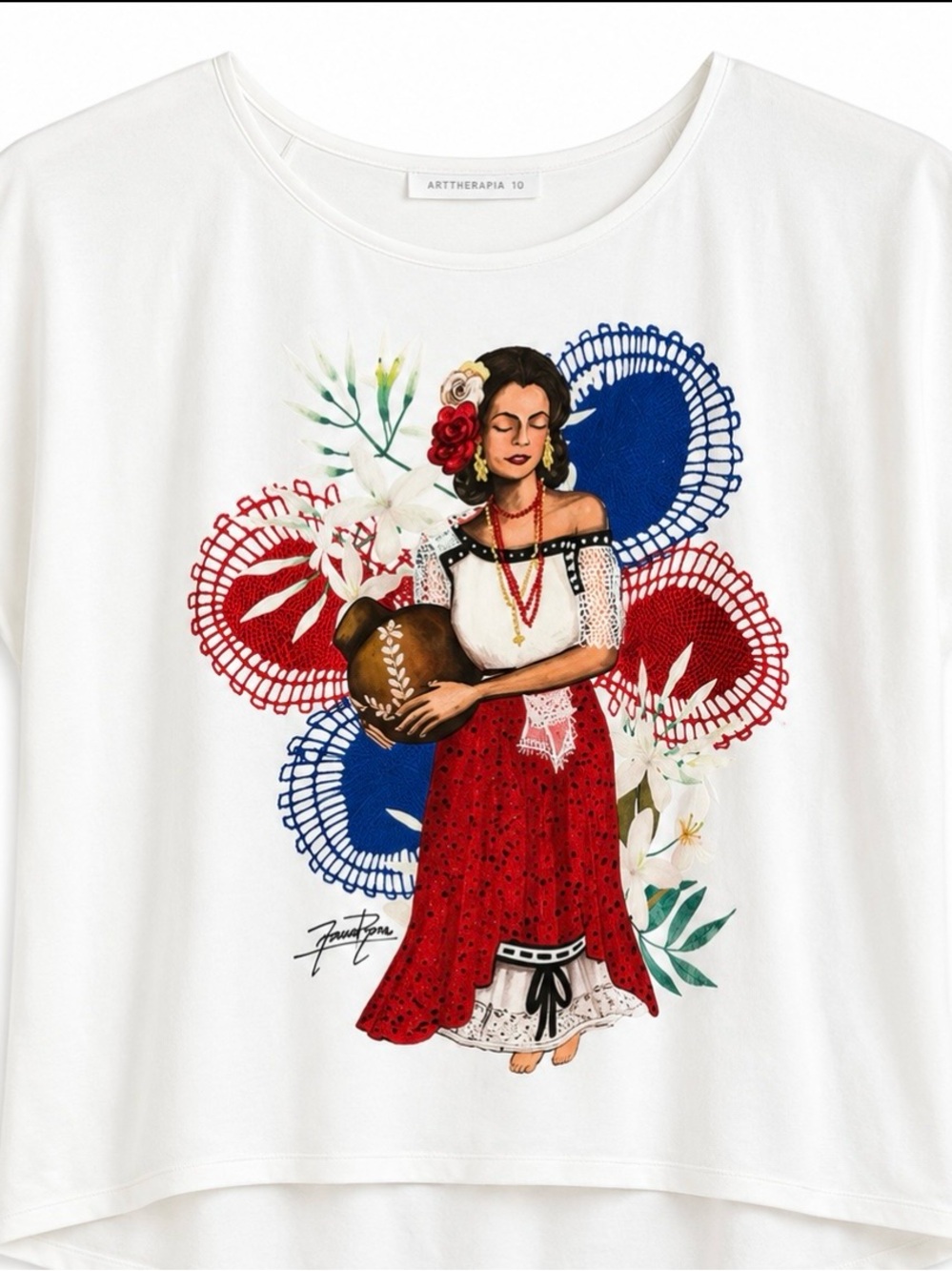Frida-Inspired White Graphic Blouse with Red Skirt Motif